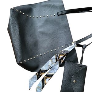 Elegant Black Vegan Leather Tote Bag Scarf Accent